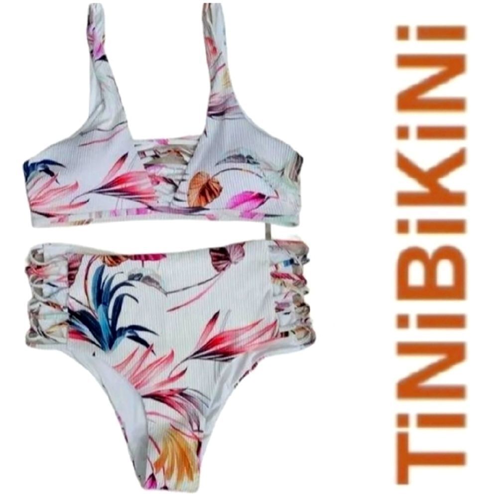TiniBikini floral white textured strappy high waisted Women's 2 piece Bi…